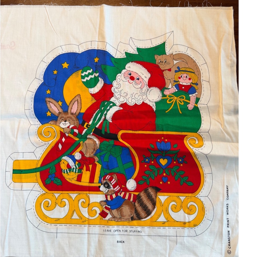 Vintage Cranston Print Works Santa Sleigh Reindeer Fabric Panel VIP Screen Print